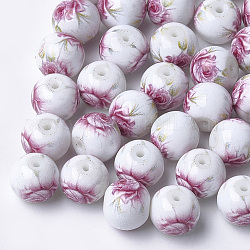 Perlas de vidrio impresas y en spray, redondo con estampado de flores, rojo violeta pálido, 10~10.5x9.5mm, agujero: 1.6 mm