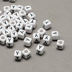 Perles européennes de lettre en acrylique à gros trou, trou horizontal, blanc et noir, cube avec letter.y, 6x6x6mm, Trou: 4mm, environ 2950 pcs/500 g
