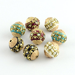 Round Handmade Grade A Rhinestone Indonesia Beads, with Alloy Golden and Antique Golden Tone Cores, Mixed Color, 15x14mm, Hole: 2mm
