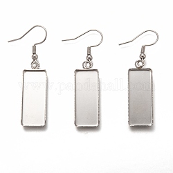304 Stainless Steel Earring Hooks, with Blank Pendant Trays, Rectangle Setting for Cabochon, Stainless Steel Color, 47mm, 21 Gauge, Pin: 0.7mm, Tray: 25x10mm