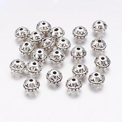 Tibetischer stil legierung perlen, Runde, Bleifrei und cadmium frei, Antik Silber Farbe, ca. 8 mm Durchmesser, 7 mm dick, Bohrung: 1.5 mm