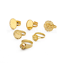 Componente de anillo de latón ajustable, ajustes de anillo de filigrana y ajustes de anillo de almohadilla y ajustes de anillo de tamiz, forma mixta, dorado, diámetro interior: 16.5~18 mm, bandeja: 9~20x9~20 mm