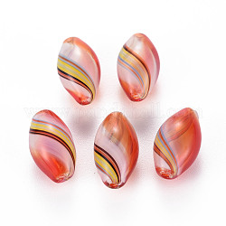 Transparent Handmade Blown Glass Globe Beads, Stripe Pattern, Rice, Crimson, 18~19x10mm, Hole: 1~2mm
