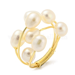 Natural Pearl Beaded Finger Ring, Brass Wire Wrap Finger Ring, Real 14K Gold Plated, US Size 6 3/4(17.1mm)