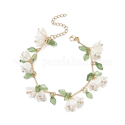 Bracciale con ciondolo a forma di fiore di perle di conchiglia con foglie e catene a maglie a barra, gioielli in ottone dorato per le donne, verde, 7-1/8 pollice (18 cm)