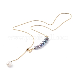 Verstellbare Lariat-Halsketten aus Messing, mit natürlichen Perlen, Preußischblau, golden, 20.47 Zoll (52 cm)