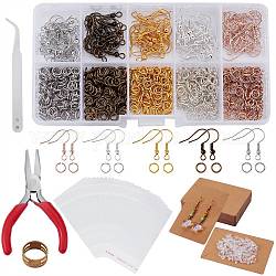 DIY Earring Making Finding Kit, Including Iron Jump Rings & Earring Hooks, Plastic Ear Nuts, Cardboard Paper, OPP Cellophane Bags, Brass Rings, Pliers, Mixed Color, 1153Pcs/set
