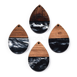 Colgantes de resina transparente y madera de nogal, encantos de lágrima, negro, 36x24.5x3.5mm, agujero: 2 mm