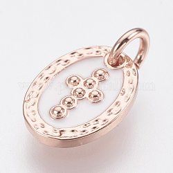 Brass Enamel Charms, Lead Free & Cadmium Free, Oval with Cross, Rose Gold, 12x9x2mm, Hole: 2.8mm