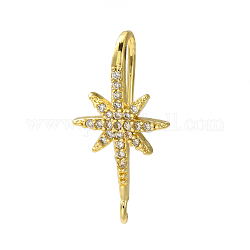 Rack Plating Brass Pave Cubic Zirconia Earring Hooks, Ear Wire, Lead Free & Cadmium Free, Star, Real 18K Gold Plated, 22.5~23x12mm, Hole: 1.2mm, 18 Gauge, Pin: 1mm