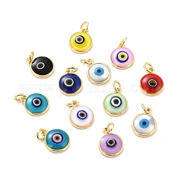 Brass Charms, with Enamel & Natural Shell Slice, Flat Round with Evil Eye, Mixed Color, 12.5x10x3mm, Inner Diameter: 2.8mm 