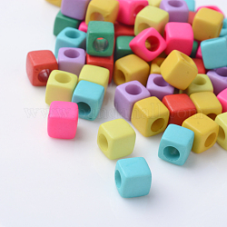 Solid Color Acrylic European Beads, Cube Large Hole Beads, Mixed Color, 7x7x7mm, Hole: 4mm, about 1900pcs/500g