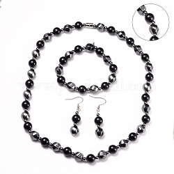 Necklaces & Stretch Bracelets & Dangle Earrings Jewelry Sets, with Stainless Steel Findings, Magnetic Synthetic Hematite and Natural Black Agate Beads, Platinum, 20.2 inch(51.5cm), 53mm, Pin: 0.6mm, 2-1/8 inch(5.4cm)