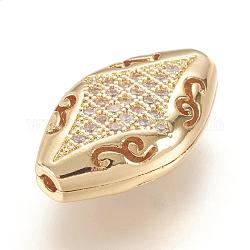 Perline zirconi micro pave  in ottone, vero placcato oro 18k, occhio di cavallo, oro, 16.5x10x5mm, Foro: 2 mm