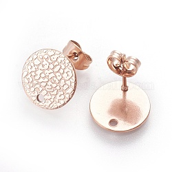 Ion Plating(IP) 304 Stainless Steel Ear Stud Findings, with Ear Nuts/Earring Backs and Hole, Textured Flat Round with Spot Lines, Rose Gold, 12mm, Hole: 1.2mm, Pin: 0.8mm