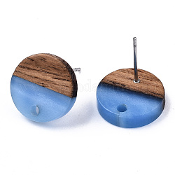 Accessoires de boucles d'oreilles en résine et bois de noyer, avec épingle en 304 acier inoxydable, plat rond, bleuet, 14mm, Trou: 1.8mm, pin: 0.7 mm