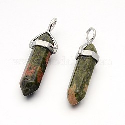 Natural Unakite Bullet Double Terminated Pointed Pendants, with Platinum Plated Alloy Findings, 38~41x13x10mm, Hole: 5x3mm