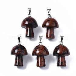 Caoba natural colgantes de obsidiana, con broches de presión de acero inoxidable, en forma de hongo, 24~25x16mm, agujero: 5x3 mm