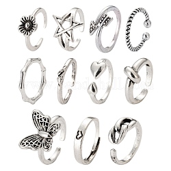 11 anelli per dita in lega regolabili in stile, cuore e freccia e farfalla e fiore, argento antico, 12pcs/scatola