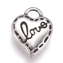 304 ciondoli in acciaio inossidabile, cuore con la parola amore, per San Valentino, argento antico, 13x11x3.5mm, Foro: 3x2 mm