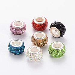 NBEADS Polymer Clay Rhinestone European Beads, Large Hole Rondelle Beads, with Platinum Plated Alloy Cores, Mixed Color, 10~12x7mm, Hole: 5mm, 100pcs/box