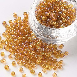 8/0 Round Glass Seed Beads, Transparent Colours Rainbow, Round Hole, Dark Goldenrod, 8/0, 3mm, Hole: 1mm, about 1111pcs/50g, 50g/bag, 18bags/2pounds