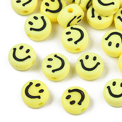 Opaque Acrylic Beads, Flat Round with Smiling Face, Yellow, 7x3.5mm, Hole: 1.5mm, about 380pcs/50g