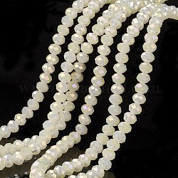 Chapelets de perles en verre électroplaqué, perles d'imitation en jade, plein arc-en-plaqué, facette, rondelle, blanc, 4x3mm, Trou: 0.4mm, Environ 123~127 pcs/chapelet, 16.5~16.9 pouce (42~43 cm)