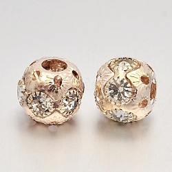 Brass Round European Beads, with Glass Rhinestones, Rose Gold, 12x10mm, Hole: 4.5mm