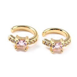 Brass Micro Pave Cubic Zirconia Cuff Earrings, Real 18K Gold Plated, Ring, Pink, 13x2.5mm