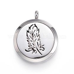 316 Surgical Stainless Steel Diffuser Locket Pendants, with Perfume Pad and Magnetic Clasps, Flat Round with Feather, Stainless Steel Color, Mixed Color, 36.5~37x30x6~6.5mm, Hole: 5mm, inner diameter: 23mm