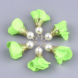 Ciondoli di ferro, con un panno e una perla imitazione plastica abs, fiore, oro, lime, 25~32x15~25mm, Foro: 1~4 mm