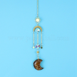 Tiger Eye Moon Sun Catcher Hanging Ornaments, with Brass Star & Sun, for Home, Garden Decoration, 400mm