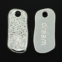 Alloy Rectangle Carved Wishing Tree and Word Dream Pendants, Silver, 29x13x2mm, Hole: 4x3mm