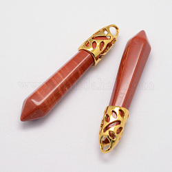 Jaspe rouge naturel gros pendentifs pointus, avec les accessoires en alliage, balle, or, 57~63x13x10mm, Trou: 3x4mm