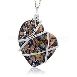 Handmade Foil Glass Big Pendants, Gold Sand and Millefiori, with Platinum Tone Brass Findings, Heart Necklace Big Pendants, Black, 64x44x14mm, Hole: 8x9mm