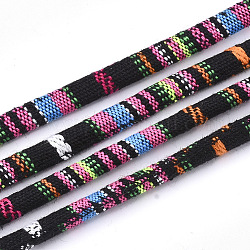 Cuerdas de tela de estilo étnico, con cordón de algodón en el interior, negro, 6.5~7x5mm, alrededor de 109.36 yarda (100 m) / paquete