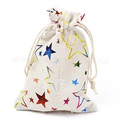 Bolso de tela de tela de algodón con tema navideño, bolsas de cordón, para la fiesta de navidad adornos de regalo, patrón de estrella, 14x10 cm