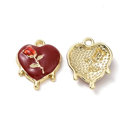 Alloy Enamel Pendants, Light Gold, Heart with Rose, FireBrick, 19x15x4.5mm, Hole: 1.8mm