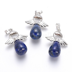 Pendentifs en lapis lazuli naturel, avec les accessoires en laiton de tonalité de platine, ange, 39x28x14mm, Trou: 5x7mm