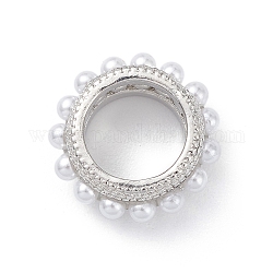 Cremagliera anelli di ottone collega placcatura, con perla finta di plastica, placcato di lunga durata,  cadmio& piombo libero, platino, 12x4.5mm, diametro interno: 7mm
