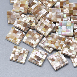 Cabochons de concha, con fondo de resina, cuadrado con patrón de mosaico, Perú, 14~15x14~15x4mm