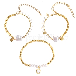 3 pièces 3 styles 304 bracelets à breloques en acier inoxydable, avec des perles de keshi naturelles, Perles en verre, chaînes en laiton et fermoirs à anneau à ressort, or, 1pc / style