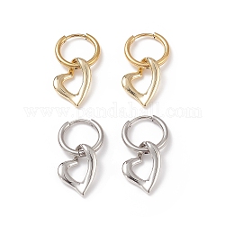 2 Pairs 2 Colors Brass Heart Dangle Hoop Earrings, 304 Stainless Steel Jewelry for Woman, Golden & Stainless Steel Color, 26mm, Pin: 1mm, 1 Pair/color