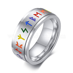 Regenbogenfarbe Stolz Flagge Rune Worte Odin Skandinavier Wikinger Amulett Emaille drehbarer Ring, Fidge-Spinner-Ring aus Edelstahl zur Linderung von Stressangst, Edelstahl Farbe, uns Größe 10 (19.8mm)
