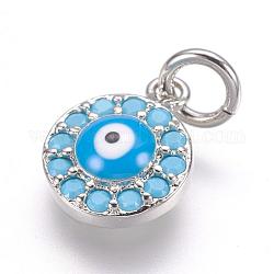Brass Micro Pave Cubic Zirconia Charms, Real Platinum Plated, Evil Eye, 11x9x3mm, Hole: 3mm