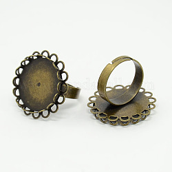 Adjustable Brass Pad Ring Components Findings, with Flat Round Cabochon Setting, Nickel Free, Antique Bronze, 17mm, Tray: 20mm