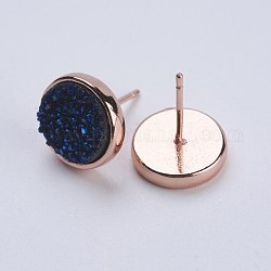 Druzy Resin Earrings, with Brass Finding, Flat Round, Blue, 9.5x16~16.5mm, Pin: 0.8mm