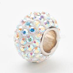 Perles européennes en cristal autrichien, Perles avec un grand trou   , 925 noyau en argent sterling, rondelle, 101 _crystal + ab, 11~12x7.5mm, Trou: 4.5mm