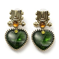 Orecchini pendenti in vetro verde, orecchini antichi in lega d'oro con 925 perno in argento sterling, cuore, 44x24.5mm
